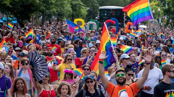 Crowd celebrating with rainbow flags